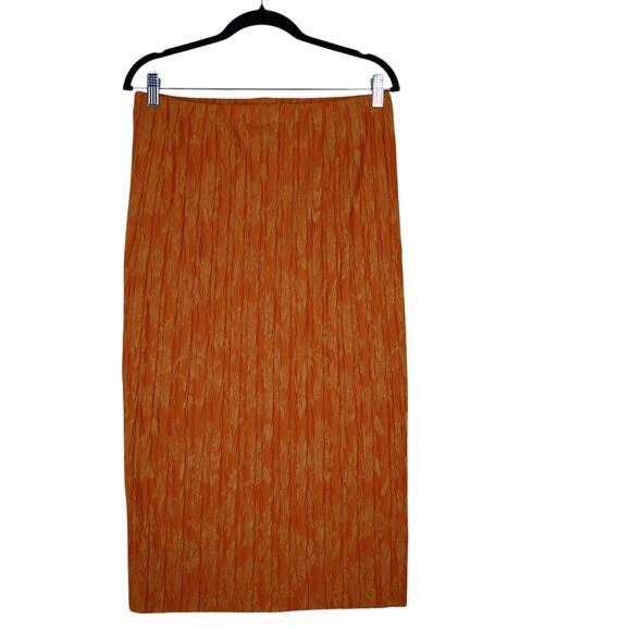 Zara Jacquard Pleated Midi Skirt Womens Size Large Orange Stretchy Raw Edge Hem - Picture 4 of 8